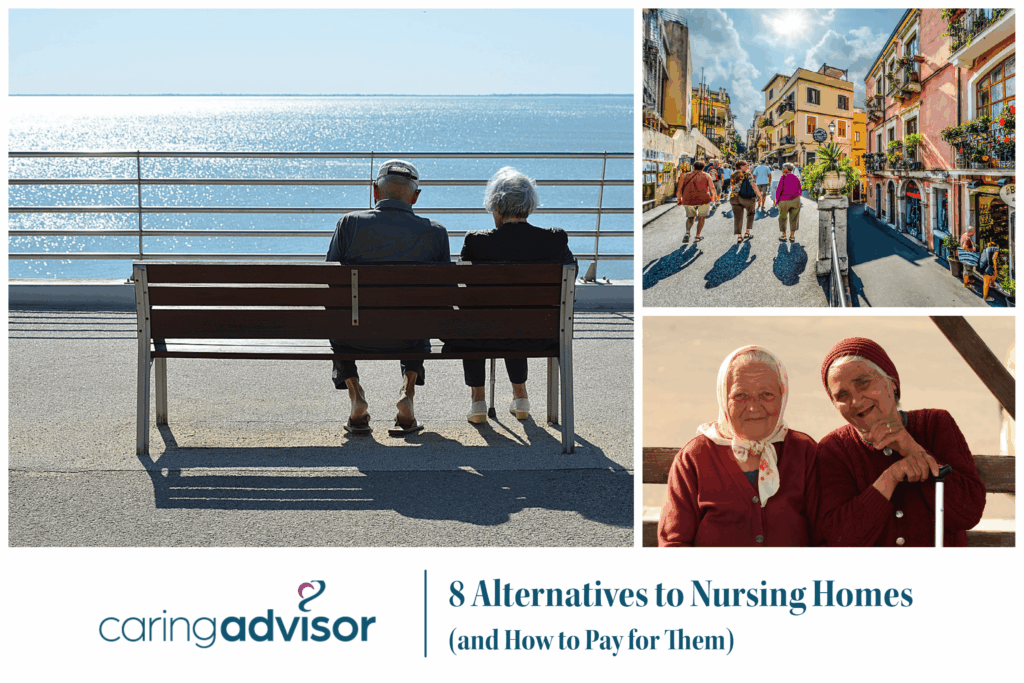 Header image for article about alternatives to nursing homes and how to pay for them. Shows a collage of elderly people